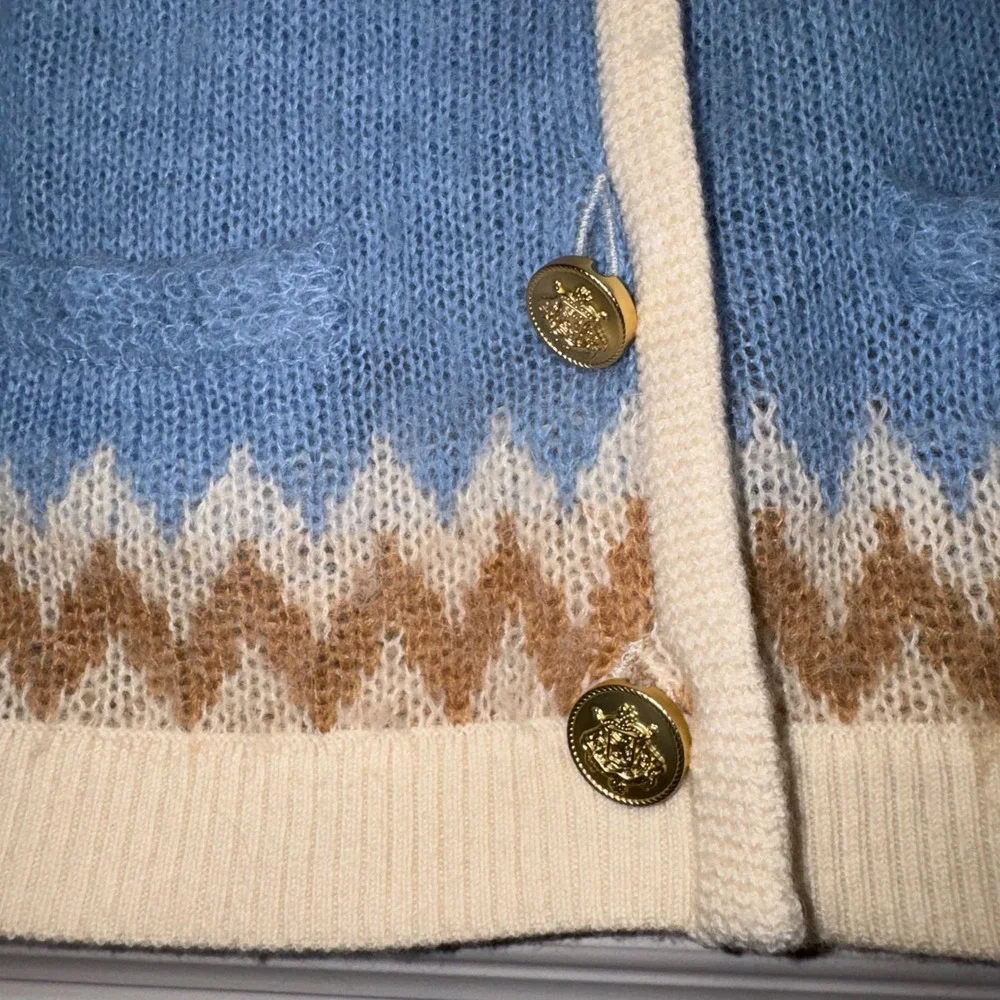 J Crew Womens Blue Fair Isle Alpaca Wool Blend Cropped Cardigan Sweater XS